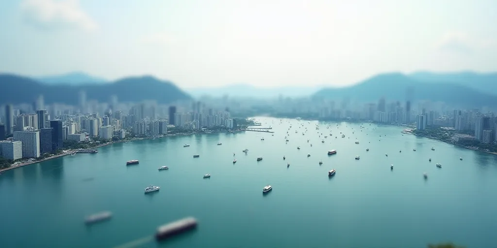 a large body of water with a bunch of boats in it and a city in the background with tall buildings,
