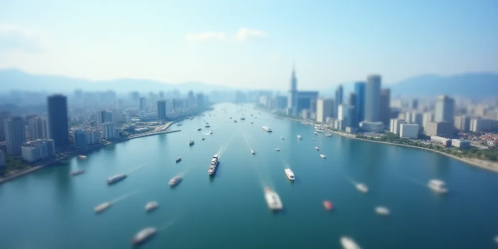 a large body of water with a bunch of boats in it and a city in the background with tall buildings,