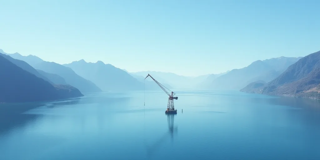a large body of water with a crane in the middle of it and mountains in the background with a blue s