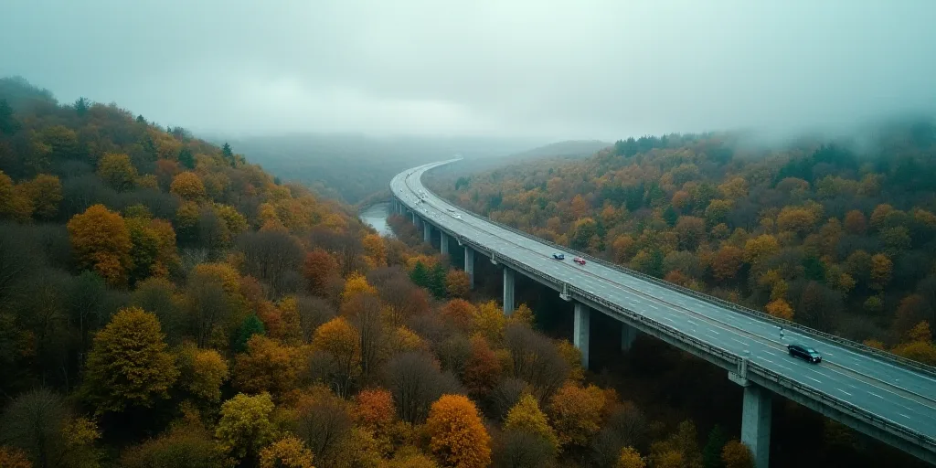 a large bridge over a highway next to a forest filled with trees and bushes on a cloudy day with a s