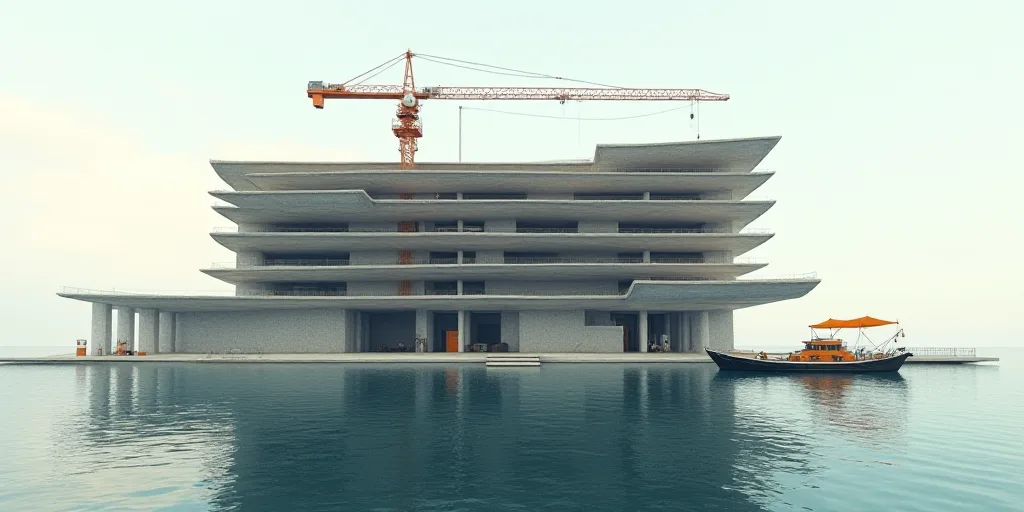 a large building under construction with a crane on top of it and a boat in the water below it, Edi