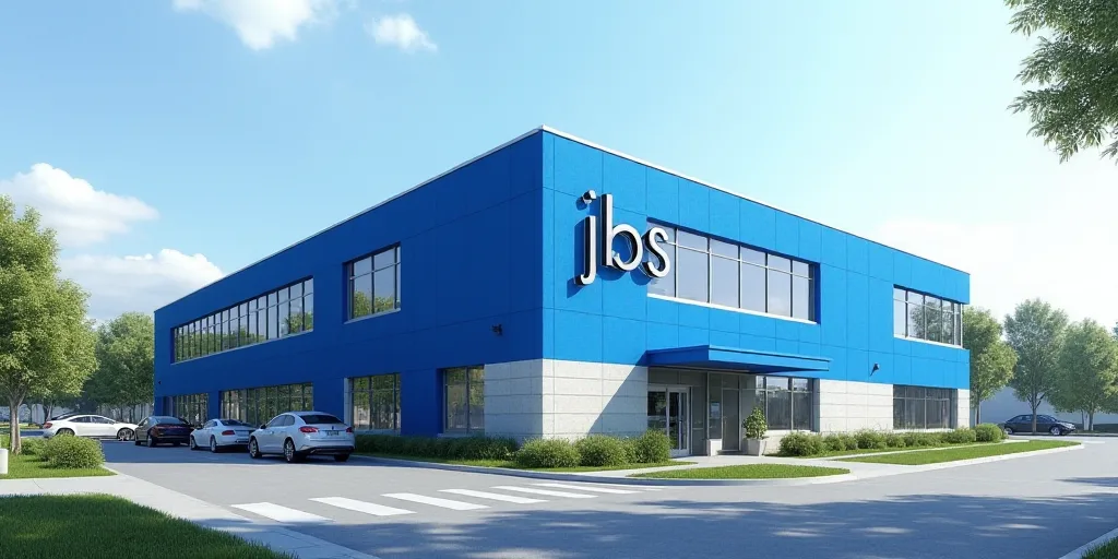 a large building with a blue roof and a blue sign on the front of it that says jbs, Andries Stock, b