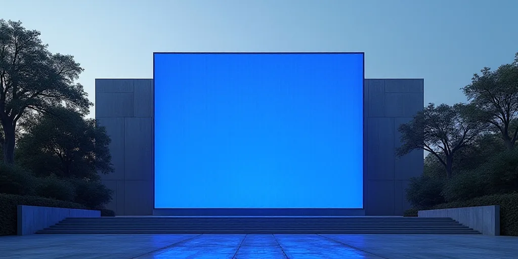 a large building with a blue screen in front of it and a blue screen in front of it that says the de