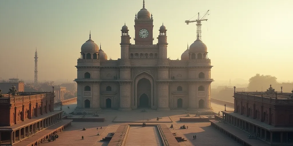 a large building with a clock tower in the middle of it's roof line and a crane in front of it, Bapu