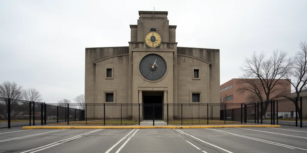 a large building with a clock on the front of it's face and a fence around it and a parking lot, Dav