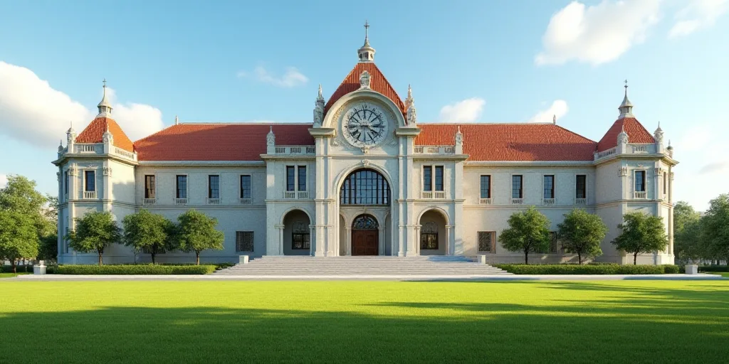 a large building with a clock on the side of it's face and a grassy field in front of it, Almada Neg