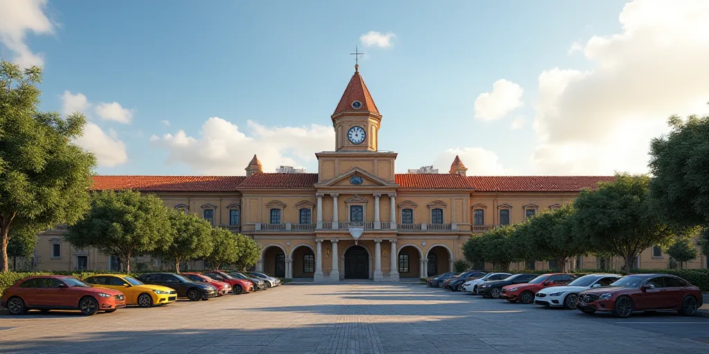 a large building with a clock tower in the middle of it's roof line and a few cars parked in front o