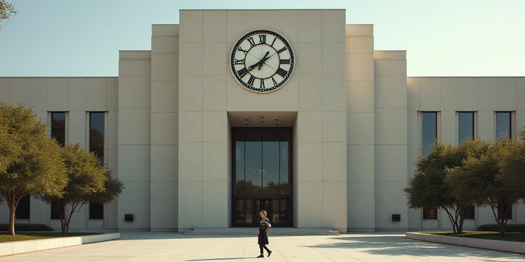a large building with a clock on the front of it's face and a person walking in front of it, Frances