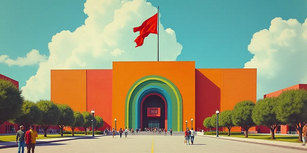 a large building with a flag flying in front of it and people walking around it in the middle of the
