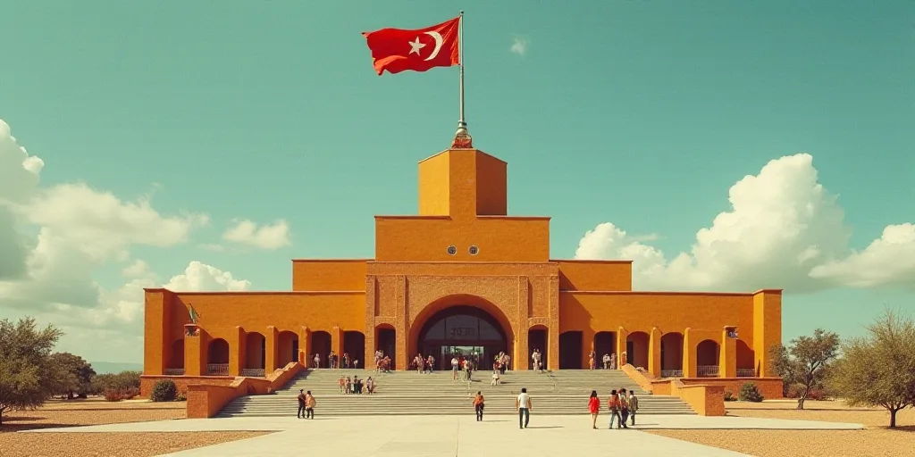 a large building with a flag flying in front of it and people walking around it in front of it, Davi