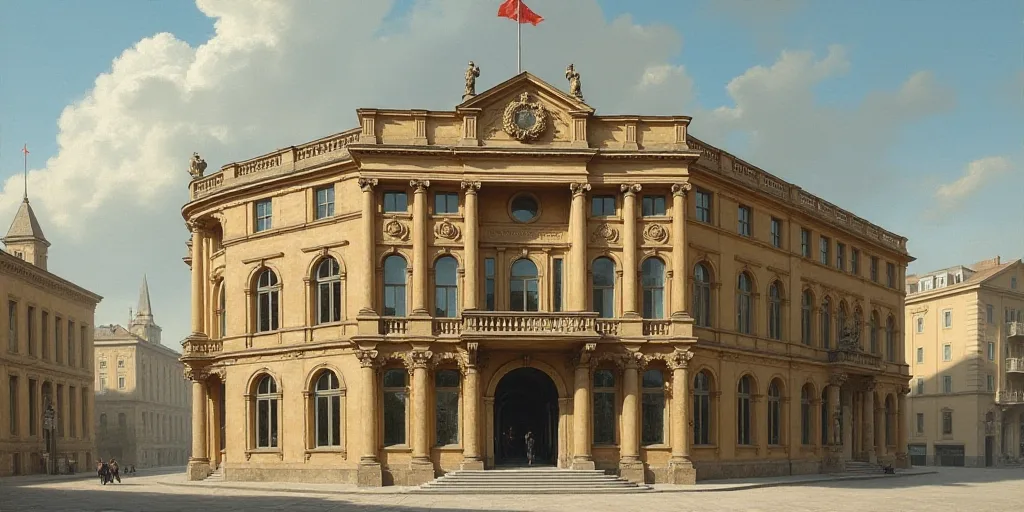 a large building with a flag flying in front of it's windows and a balcony on top of it, Bouchta El