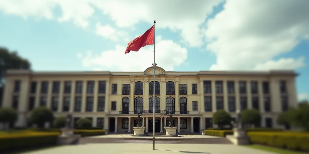 a large building with a flag flying in front of it and a flag pole in front of it and a flag pole in