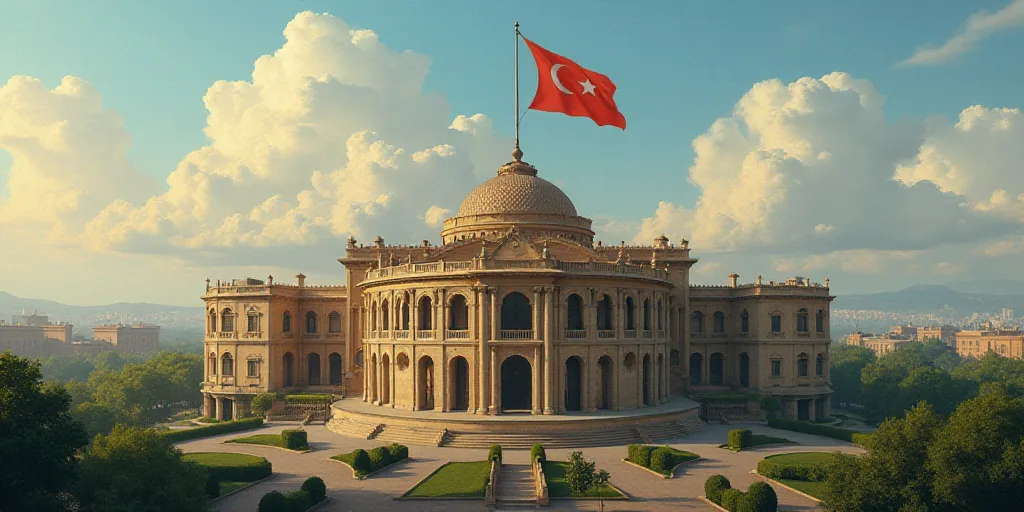 a large building with a flag on top of it's roof and a flag pole on top of it, Enguerrand Quarton, a