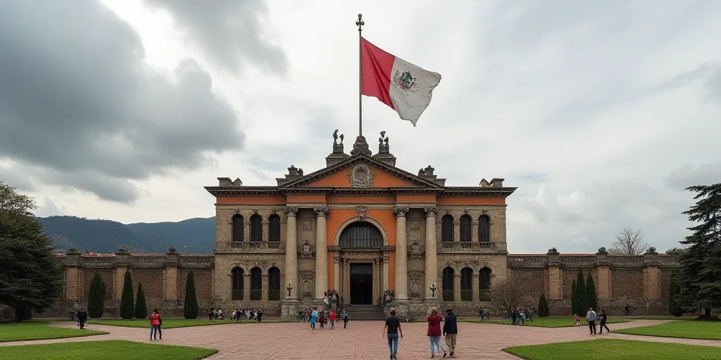 a large building with a flag on top of it and people walking around it on a cloudy day with a few cl