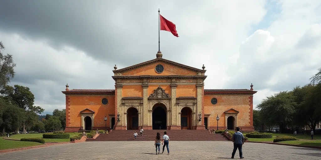 a large building with a flag on top of it and people walking around it on a cloudy day with a few cl