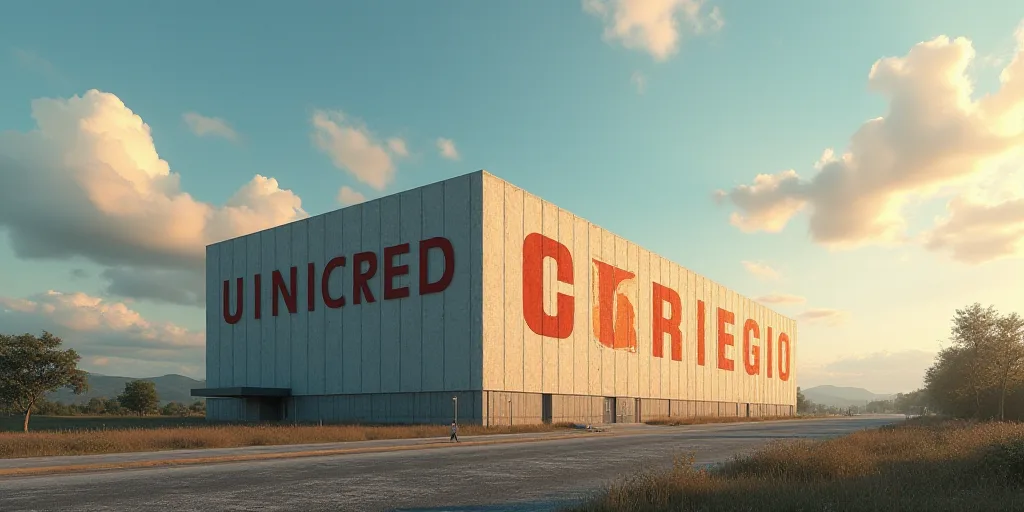 a large building with a large sign on it's side and a sky background that says unicred, Correggio, u