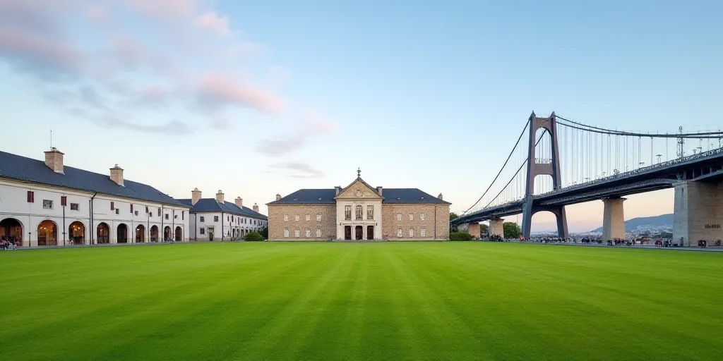 a large building with a large lawn in front of it and a bridge in the background with a sky backgrou