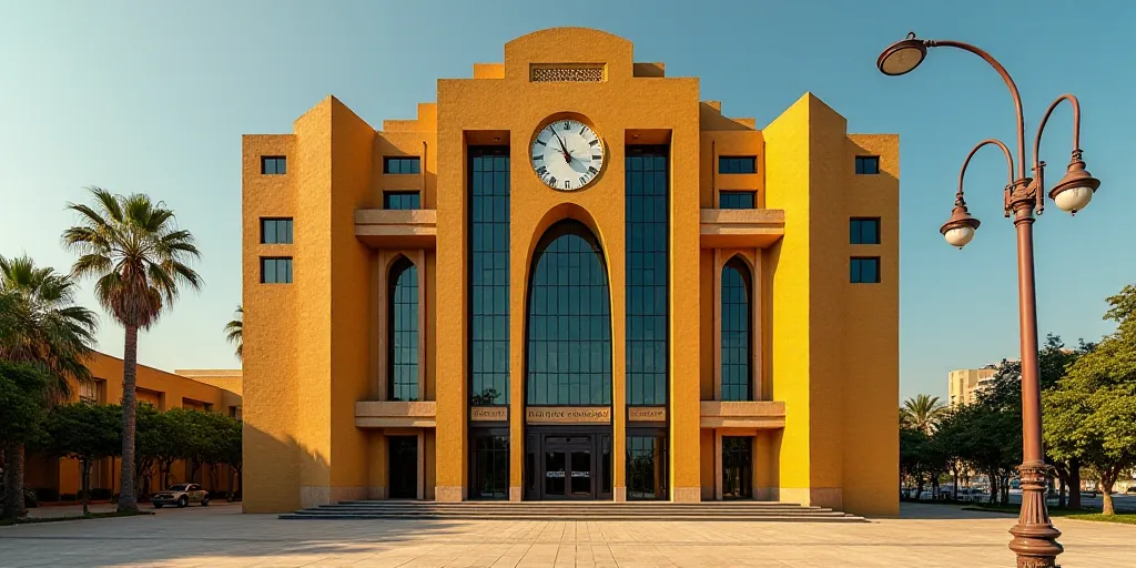 a large building with a lot of windows and a clock on the front of it's face and a street light, Dav