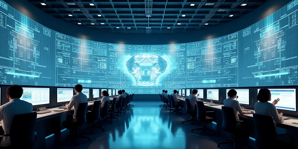 a large building with a lot of monitors on the wall and people working on computers on the floor in