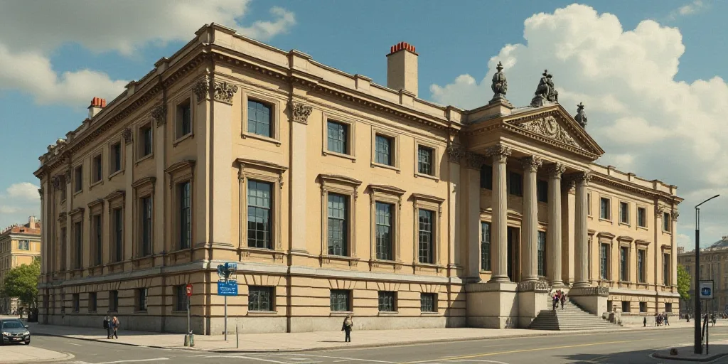 a large building with a lot of windows and a clock on the side of it's face and a street sign, Engue