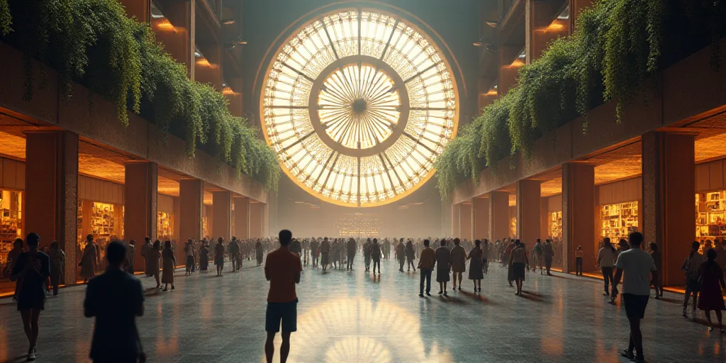 a large building with a lot of people inside of it and a clock on the wall above it and a few people