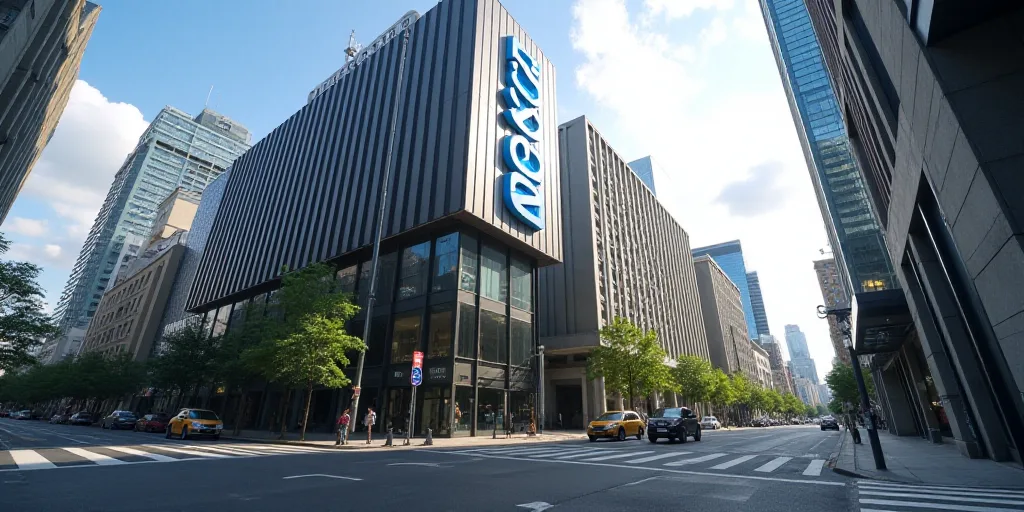 a large building with a nasda sign on it's side in a city street with tall buildings, Andries Stock,