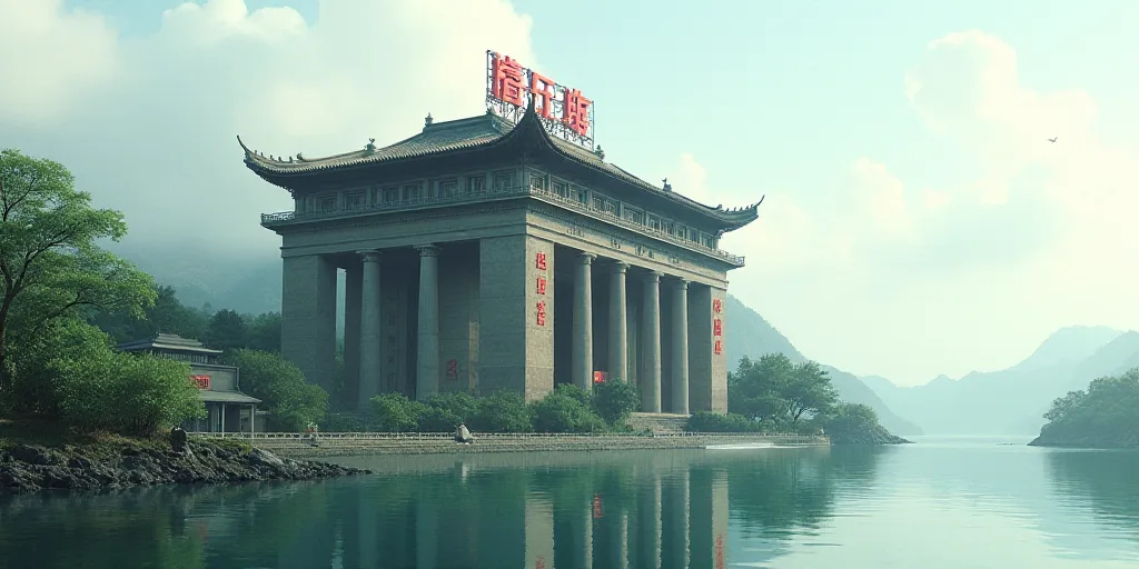 a large building with a sign on top of it next to a body of water and trees in front of it, Cui Bai,