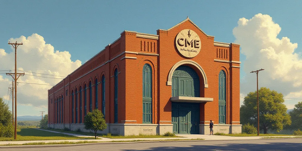 a large building with a sign that says cme group on it's side and a clock on the side of it, Charles