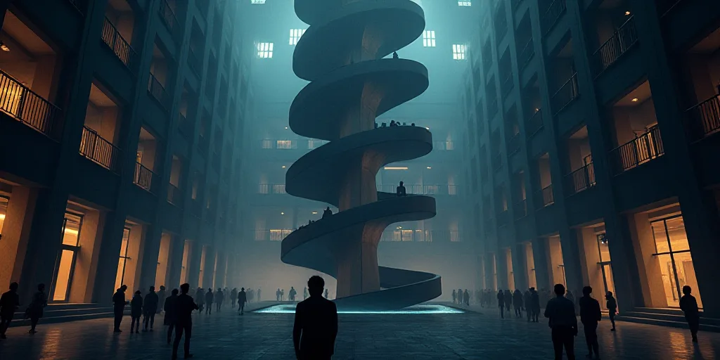 a large building with a spiral staircase in the center of it at night time with people watching from