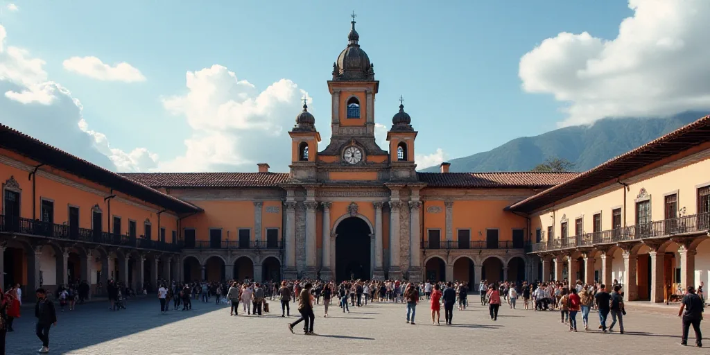 a large building with a tower and a clock tower in the background with people walking around it and