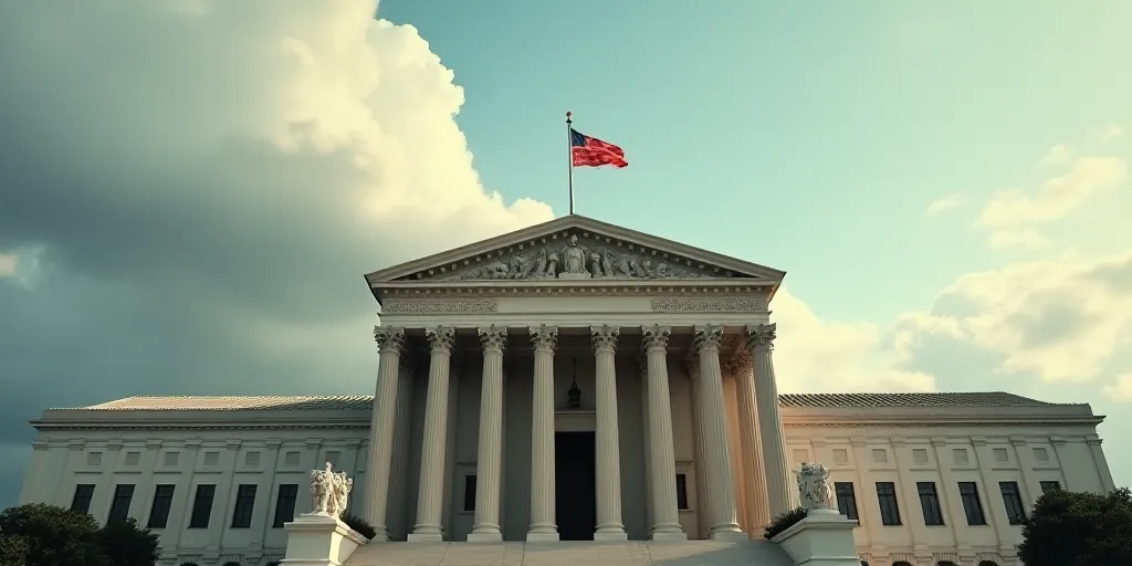 a large building with columns and a flag on top of it's roof and a cloudy sky in the background, Ann