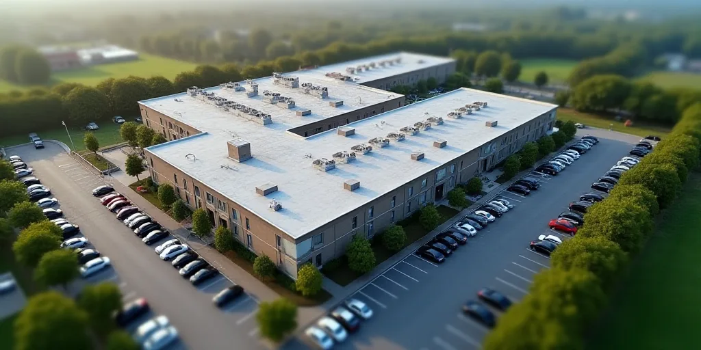 a large building with many roofs and cars parked in front of it and a parking lot in front of it, En