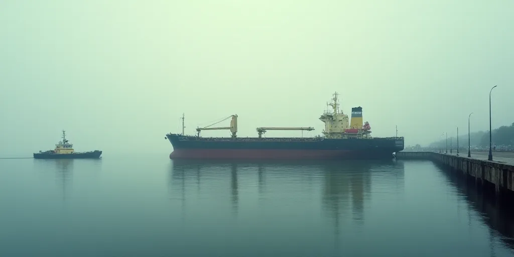 a large cargo ship in a large body of water next to a dock with a tug boat in the water, Eduardo Lef