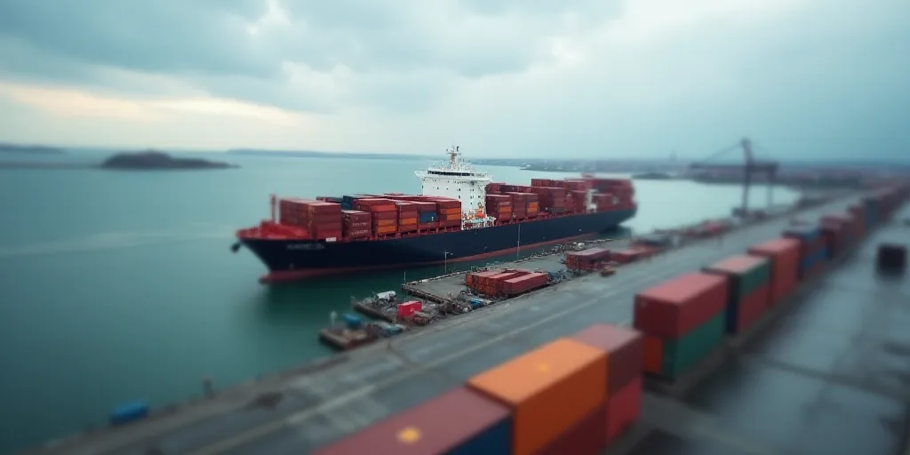 a large cargo ship loaded with containers at a dock in a harbor with a cloudy sky above it and a doc