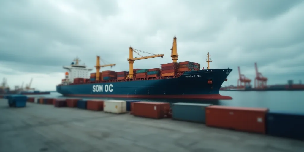 a large cargo ship loaded with containers at a dock in a harbor with a cloudy sky above it and a doc