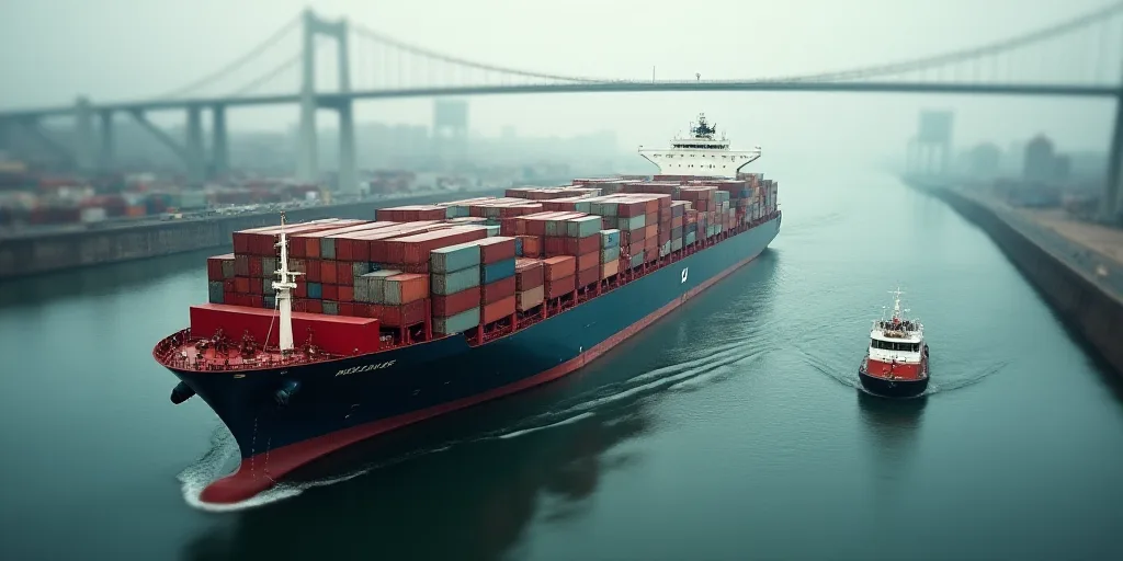 a large cargo ship loaded with containers in a harbor next to a bridge and a river with a boat in it