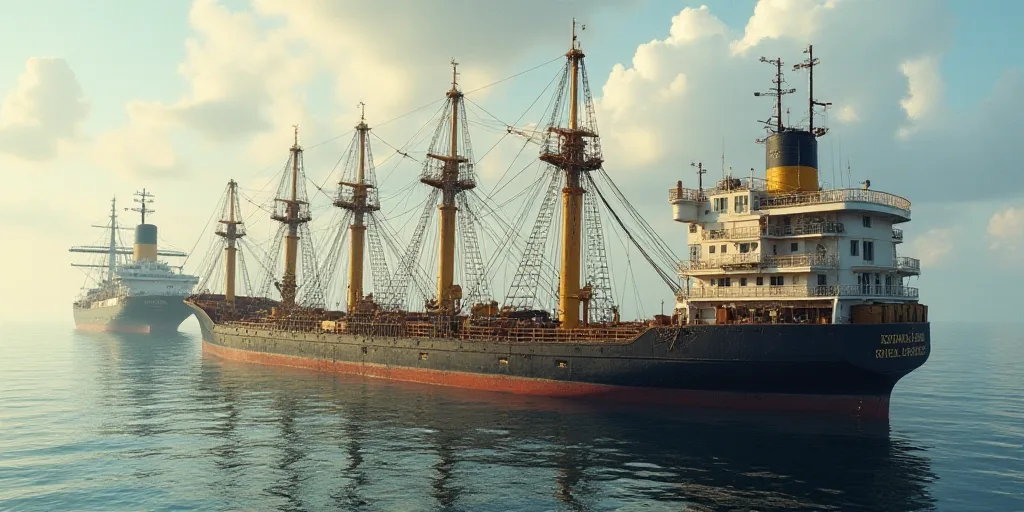 a large cargo ship with a crane on top of it's side in the water near a large ship, Edward George Ha