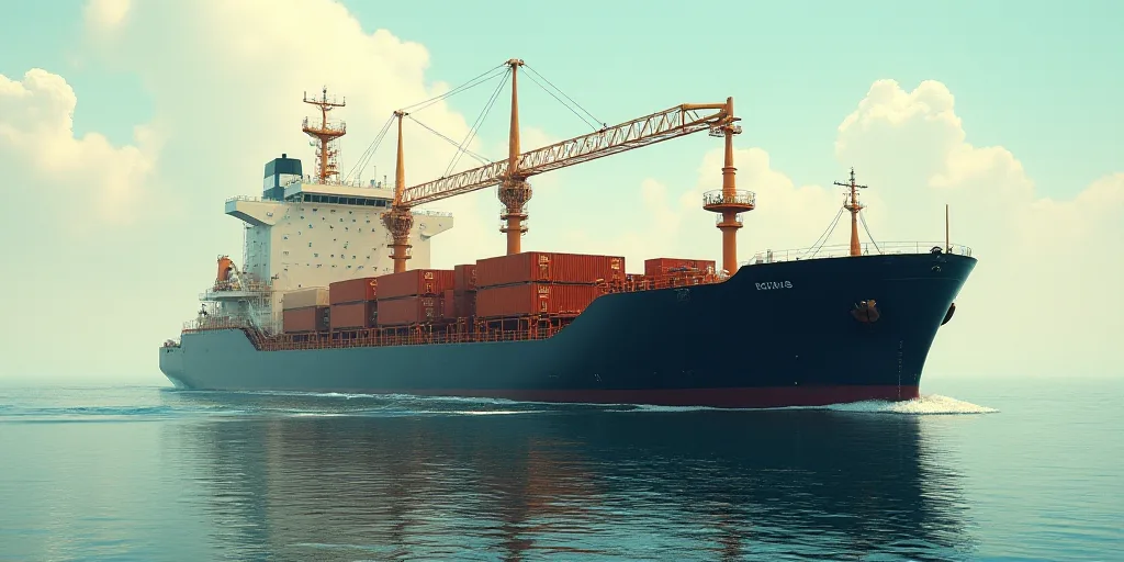 a large cargo ship with a crane on top of it's side in the water near a large ship, Edward George Ha