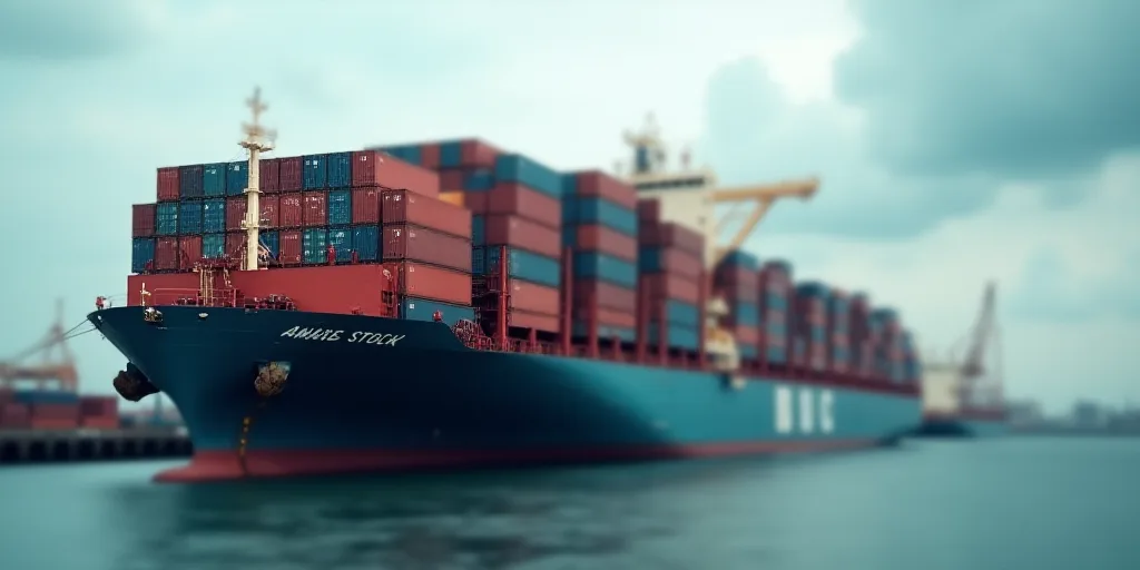 a large cargo ship with containers stacked on top of it's sides in the ocean near a dock, Andries St