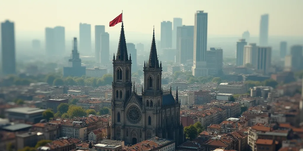a large cathedral with a flag on top of it in a city with tall buildings and a large flag on top of