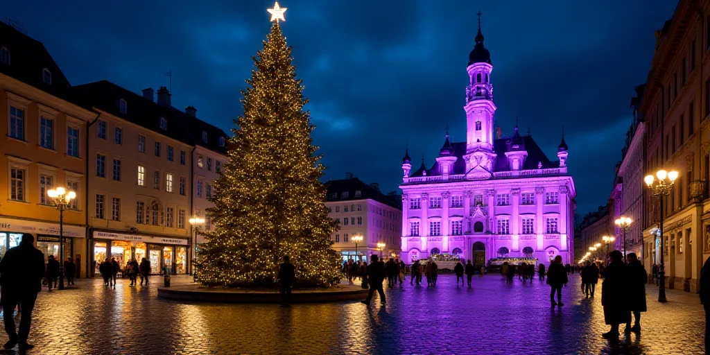 a large christmas tree in a city street with people walking by it and a purple lit up building in th