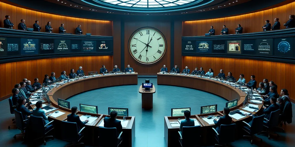 a large circular room with people sitting at tables and a clock on the wall above them is a large ci