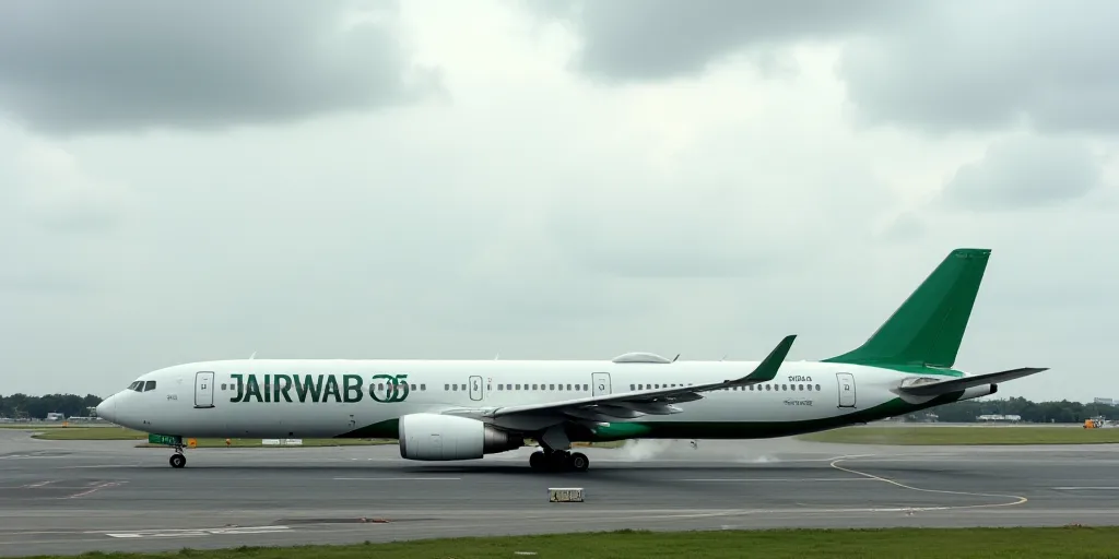 a large commercial airplane sitting on a runway at an airport with a cloudy sky in the background an