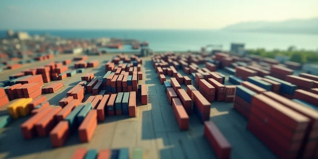a large container yard with a lot of containers in it and a large body of water in the background, E