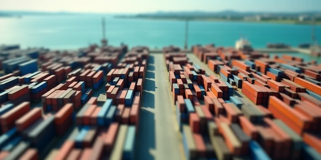 a large container yard with a lot of containers in it and a large body of water in the background, E