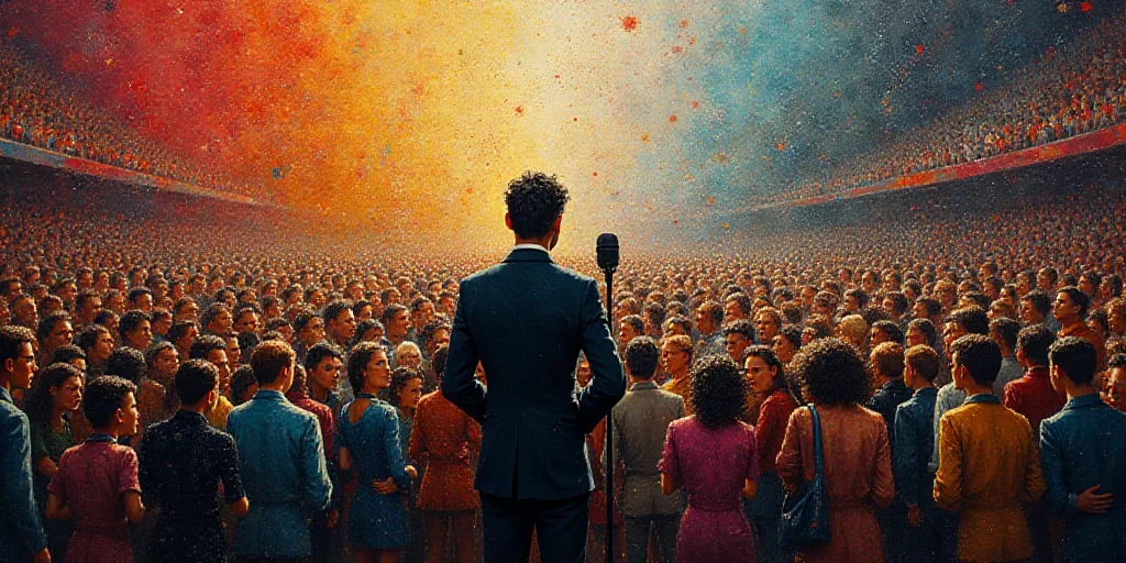 a large crowd of people are gathered around a painting of a man holding a microphone and a microphon