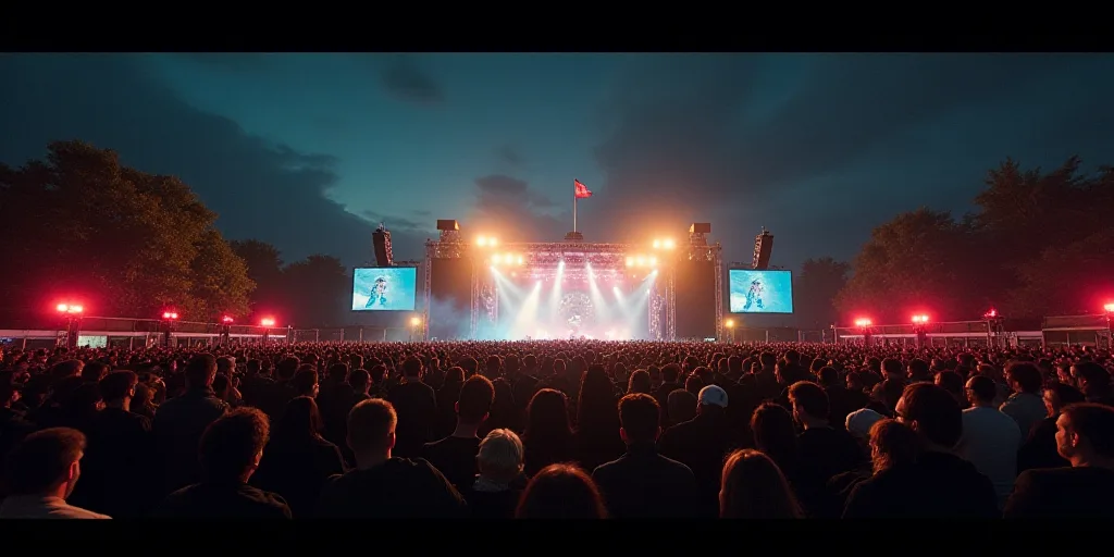 a large crowd of people at a concert in a city at night time with lights on and a flag flying in the