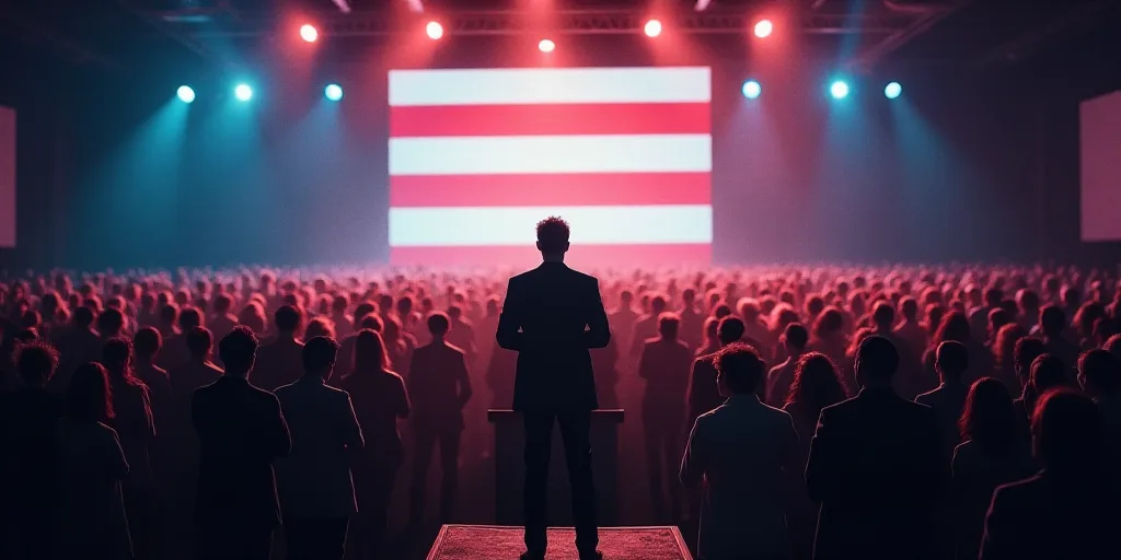 a large crowd of people standing around a stage with a television screen in the background and a man