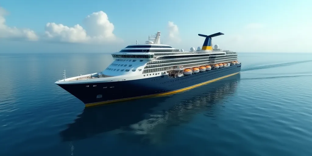 a large cruise ship in the middle of the ocean with a yellow line on the side of it's hull, Bourgeoi