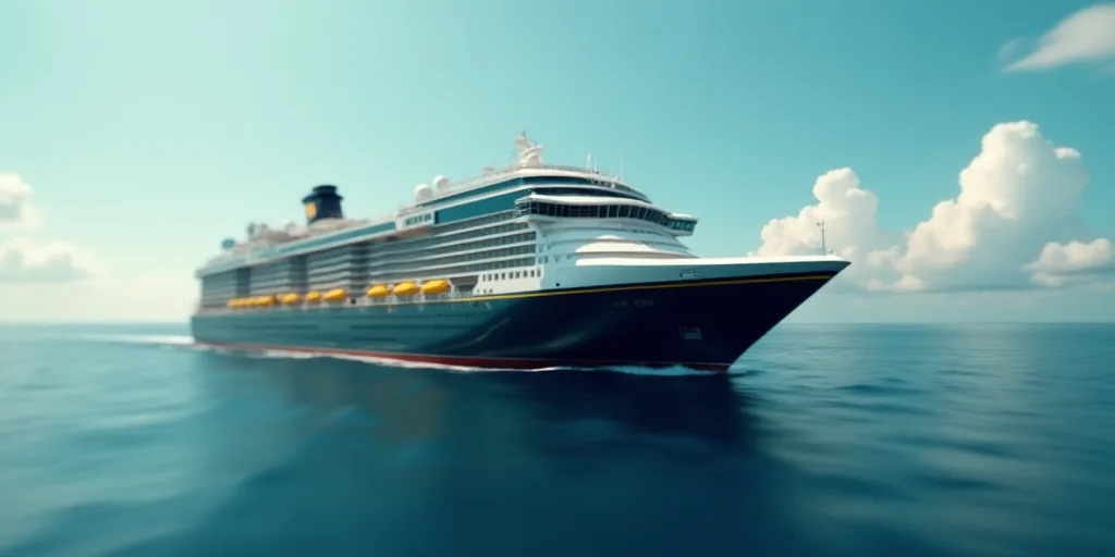 a large cruise ship in the middle of the ocean with a yellow line on the side of it's hull, Bourgeoi